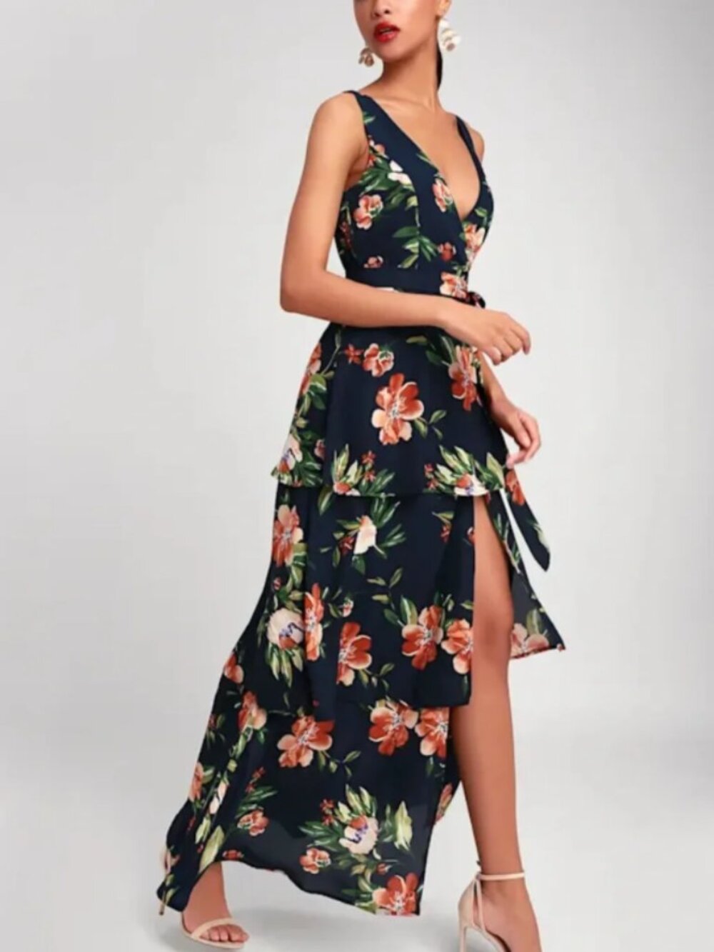Lulus Women’s Small Cascading Crush Teal Floral Print Tiered Ruffled Maxi Dress